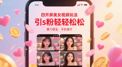 四开屏美女视频玩法，引s粉轻轻松松，暴力掘金，手机操作【揭秘】-优优云网创